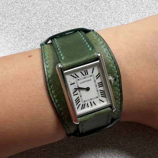 Green Buttero leather bund strap for Cartier Tank Must, on the wrist
