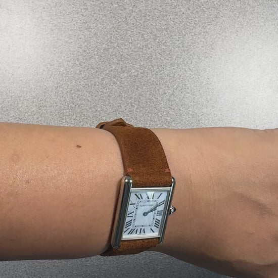 Whisky suede leather strap for Cartier Tank Must, on the wrist