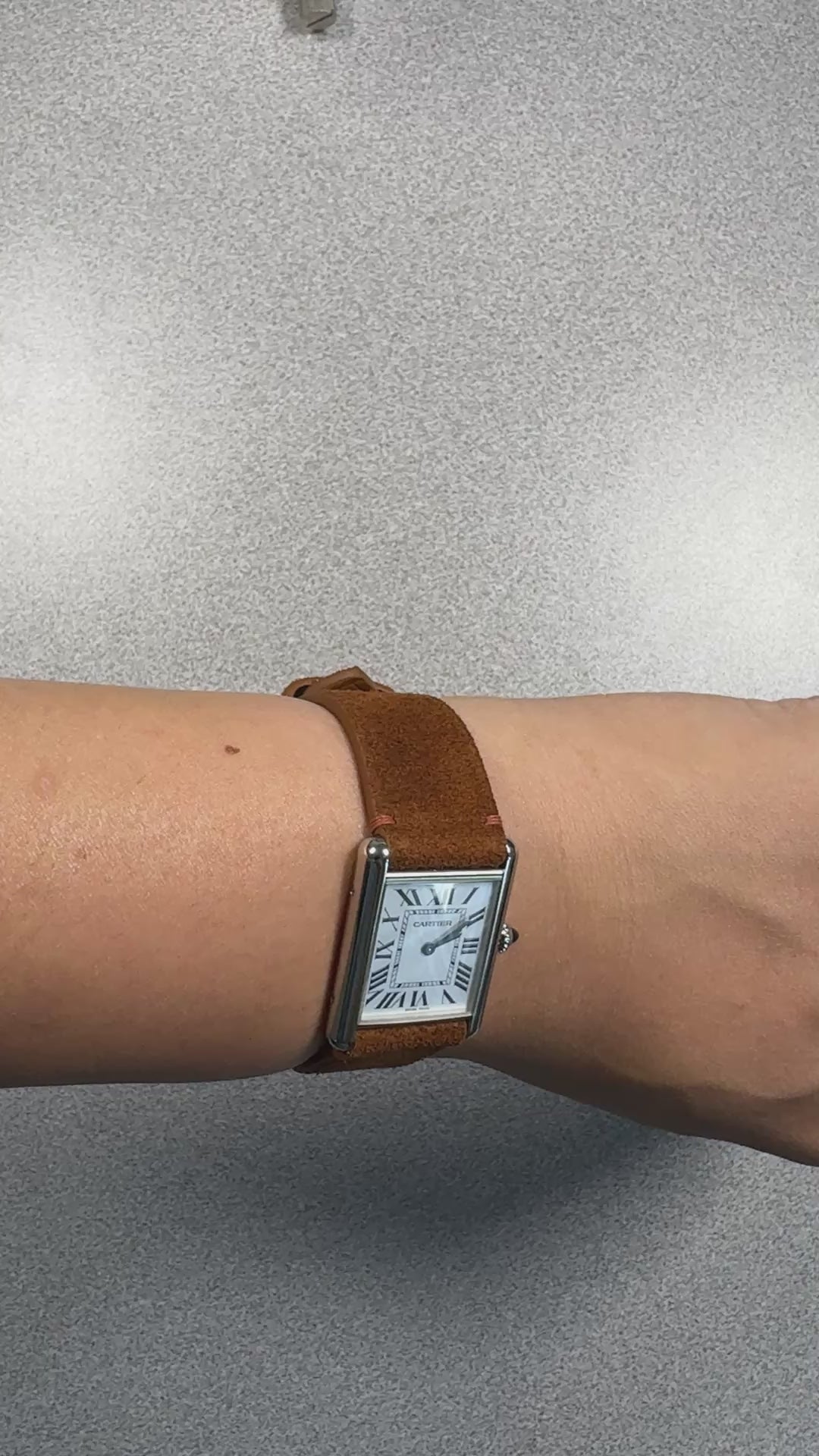 Whisky suede leather strap for Cartier Tank Must, on the wrist