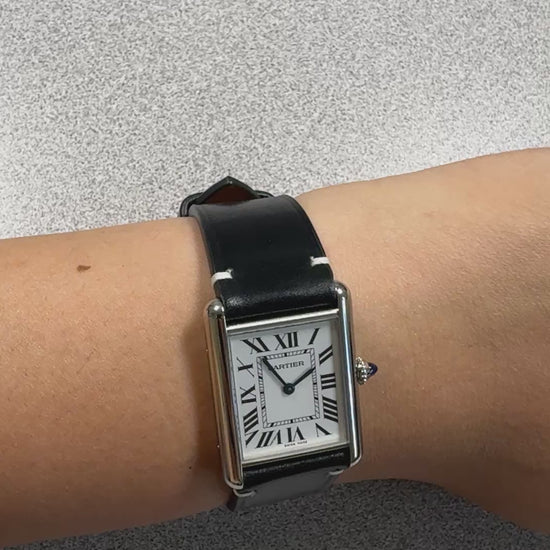 Black shell cordovan strap for Cartier Tank Must, on the wrist