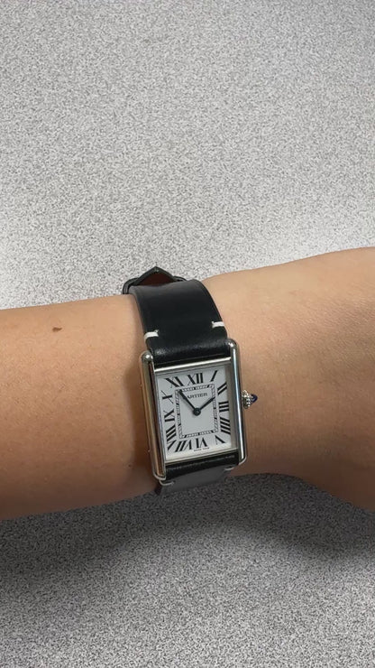 Black shell cordovan strap for Cartier Tank Must, on the wrist
