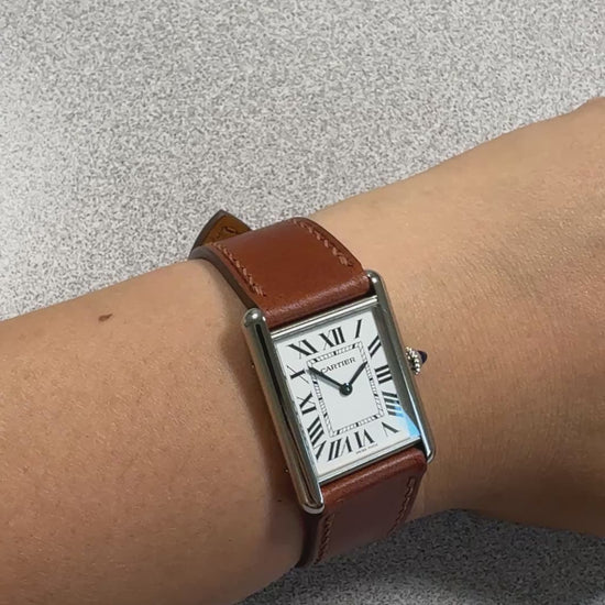 Brown Buttero leather strap for Cartier Tank Must, on the wrist