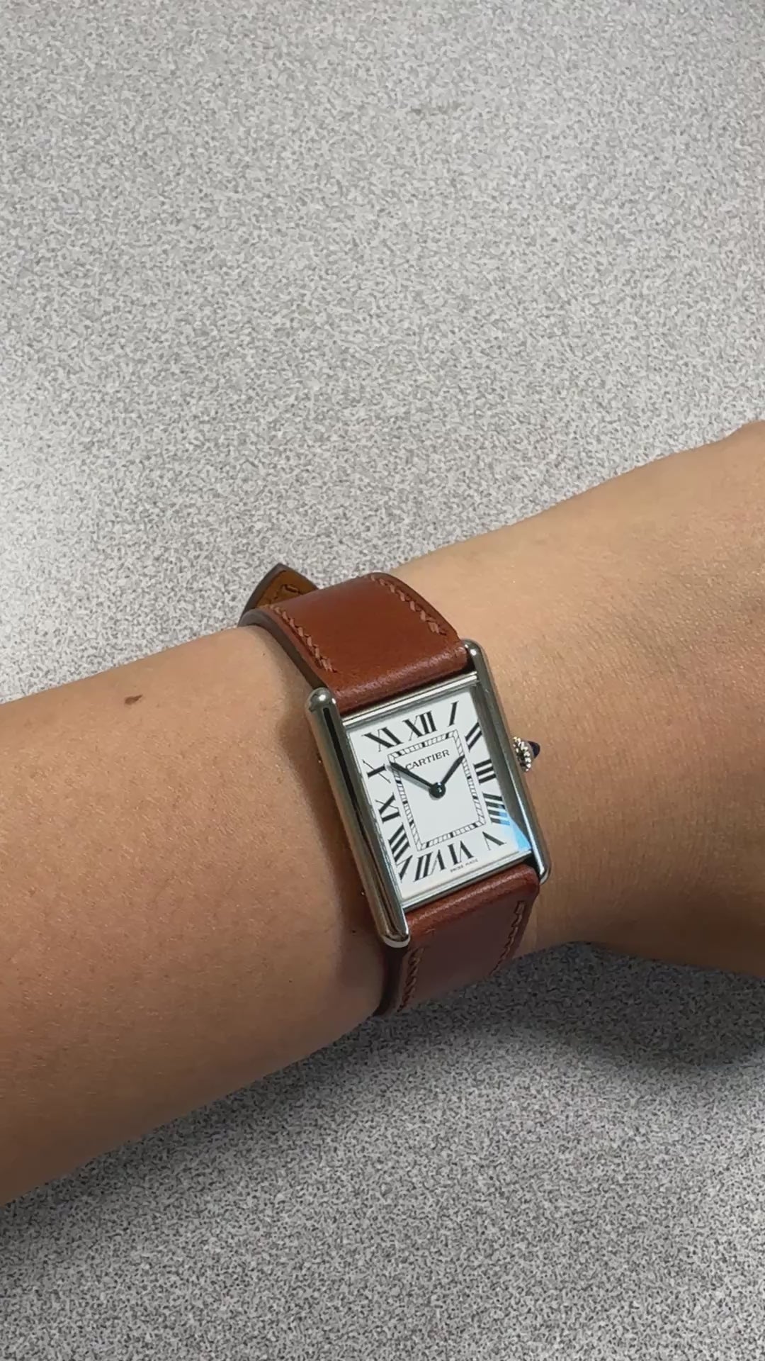 Brown Buttero leather strap for Cartier Tank Must, on the wrist