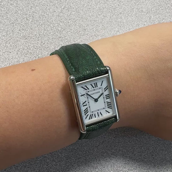 Basil green Alran Patnat goat leather strap for Cartier Tank Must, on the wrist