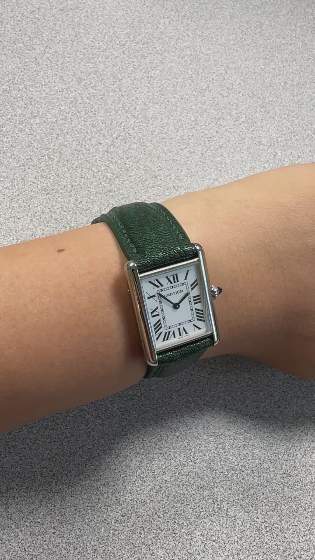 Basil green Alran Patnat goat leather strap for Cartier Tank Must, on the wrist