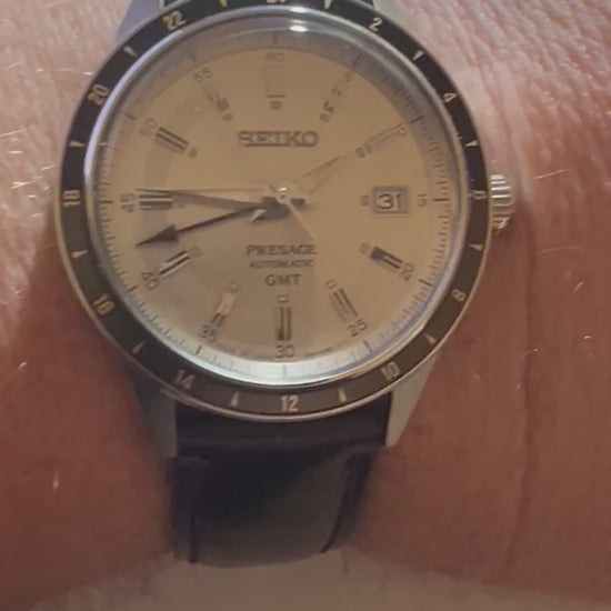 Customer video of a black Shell Cordovan leather watch strap fitted to a Seiko, showing the sheen, side profile and buckle.