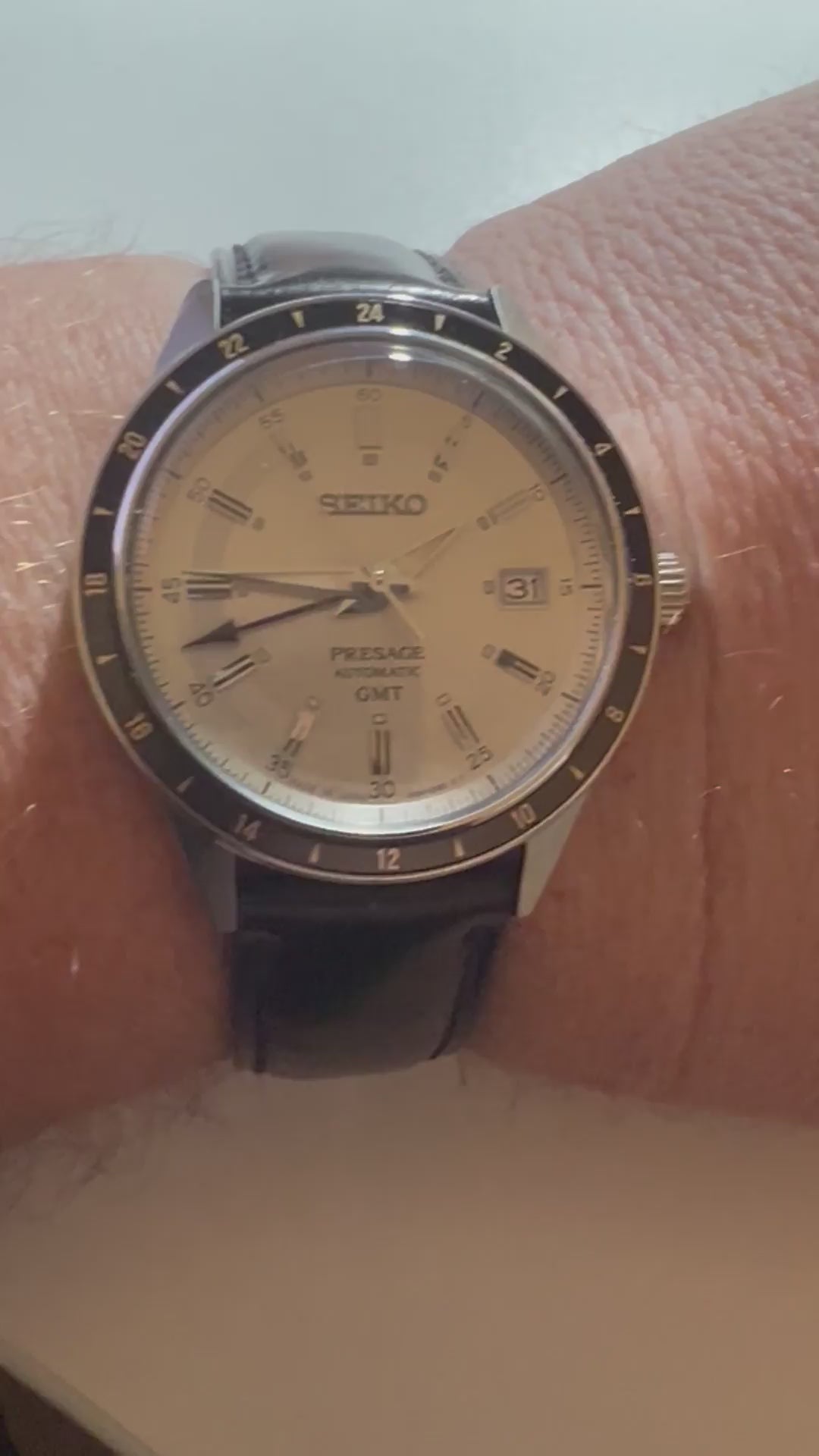 Customer video of a black Shell Cordovan leather watch strap fitted to a Seiko, showing the sheen, side profile and buckle.
