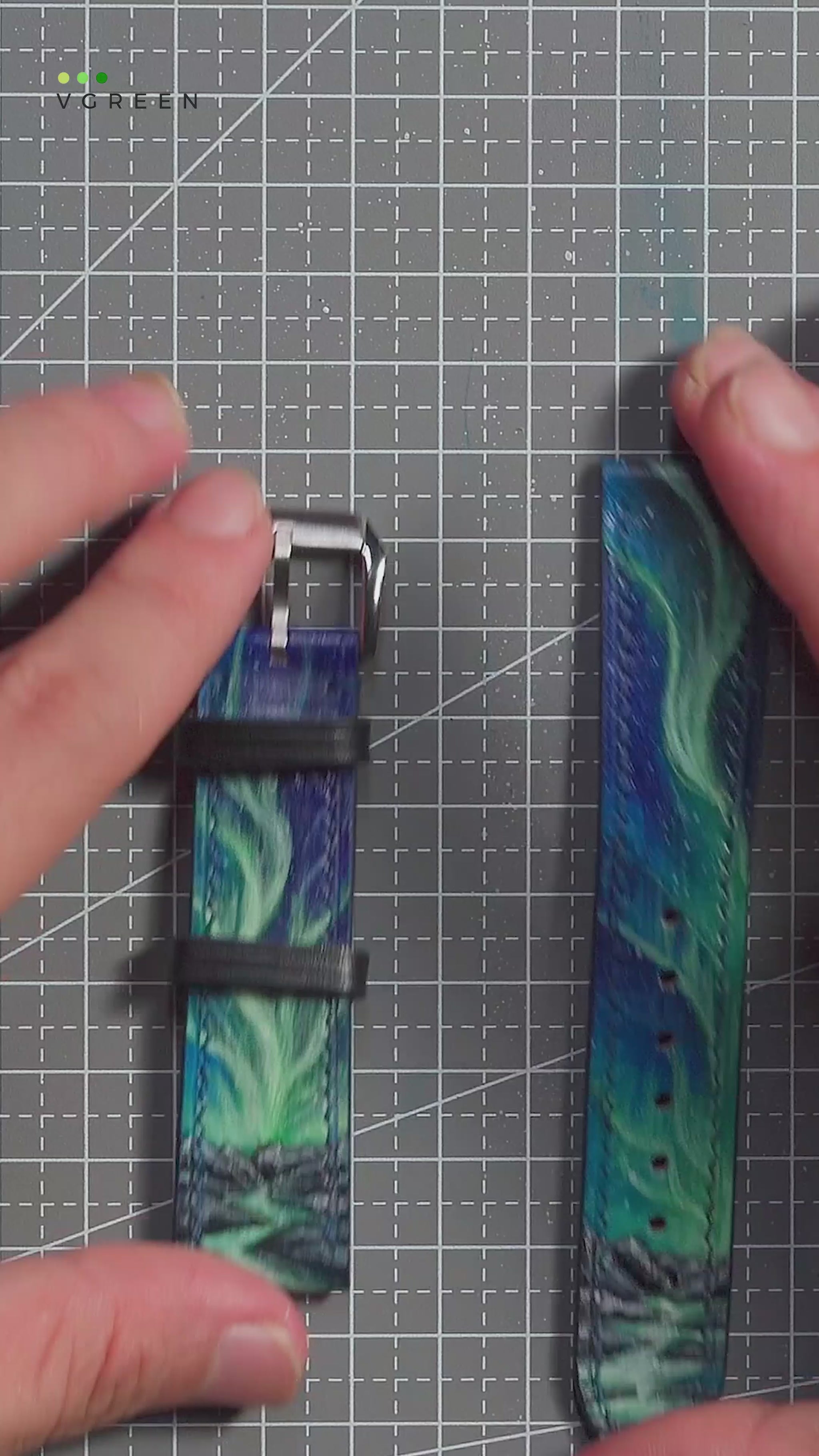 Video of the Aurora Reflections hand-carved and hand-painted leather watch strap.