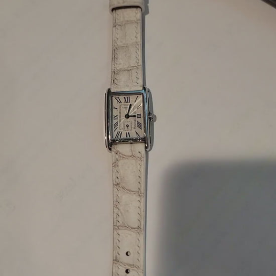Customer demonstration of a sand white crocodile leather watch strap showing the full watch, front, reverse, lining and buckle.