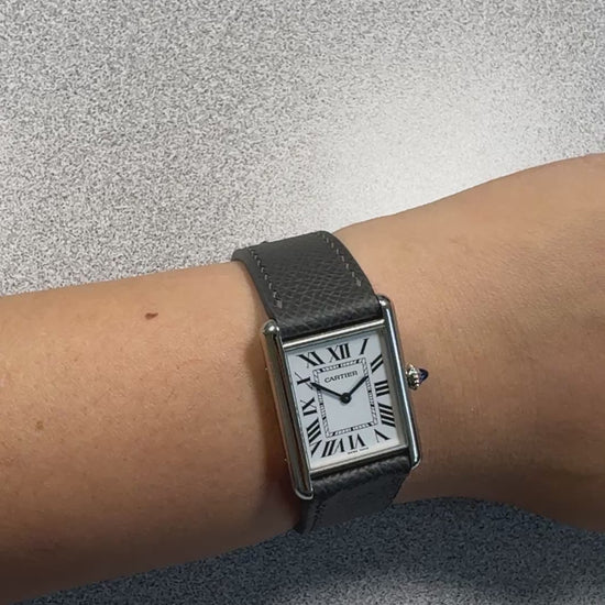 Gris Meyer grey Epsom leather strap for Cartier Tank Must, on the wrist