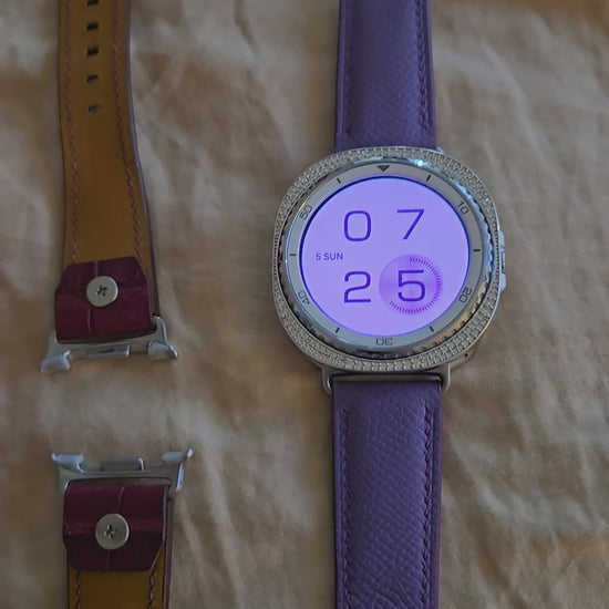 Customer video showing custom open-ended leather watch straps in multiple colours and a purple strap fitted to a Samsung smartwatch.