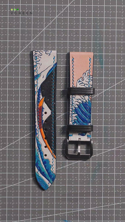 The Great Wave Hand-Carved & Hand-Painted Leather Watch Strap