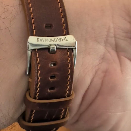 Real customer video showing a cognac Badalassi wax leather watch strap fitted to a Raymond Weil watch.