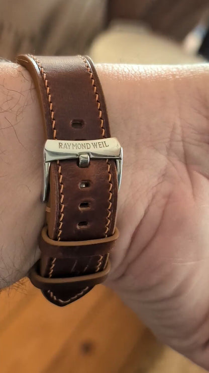 Real customer video showing a cognac Badalassi wax leather watch strap fitted to a Raymond Weil watch.