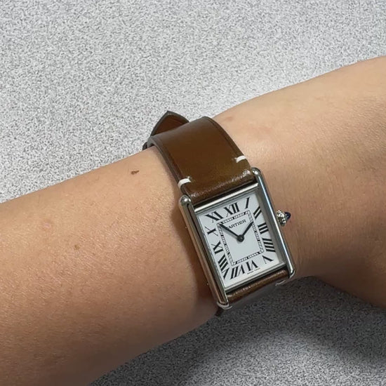 Cognac shell cordovan strap for Cartier Tank Must, on the wrist