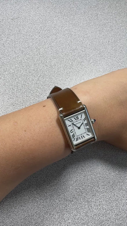 Cognac shell cordovan strap for Cartier Tank Must, on the wrist