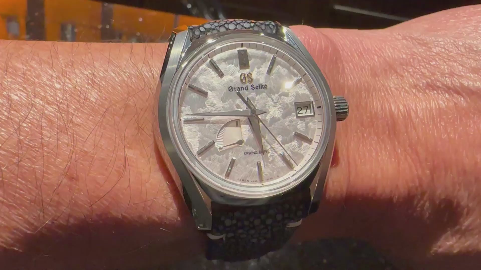 Real customer video showing a black stingray leather watch strap on the wrist and its natural pearl texture.