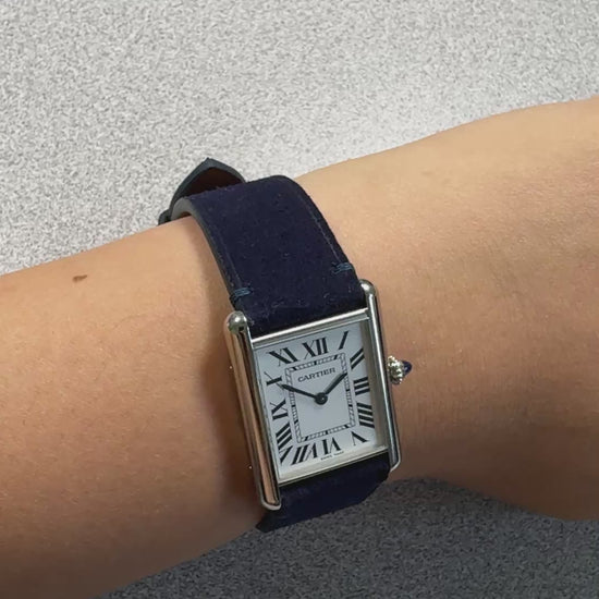 Midnight blue suede strap for Cartier Tank Must, on the wrist