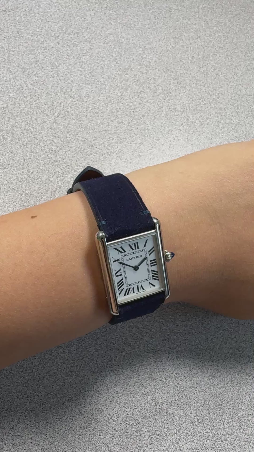 Midnight blue suede strap for Cartier Tank Must, on the wrist
