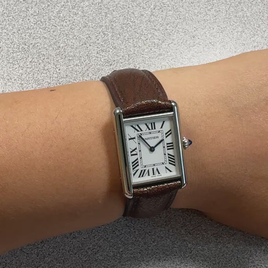Patchouli brown Alran Patnat goat leather strap for Cartier Tank Must, on the wrist