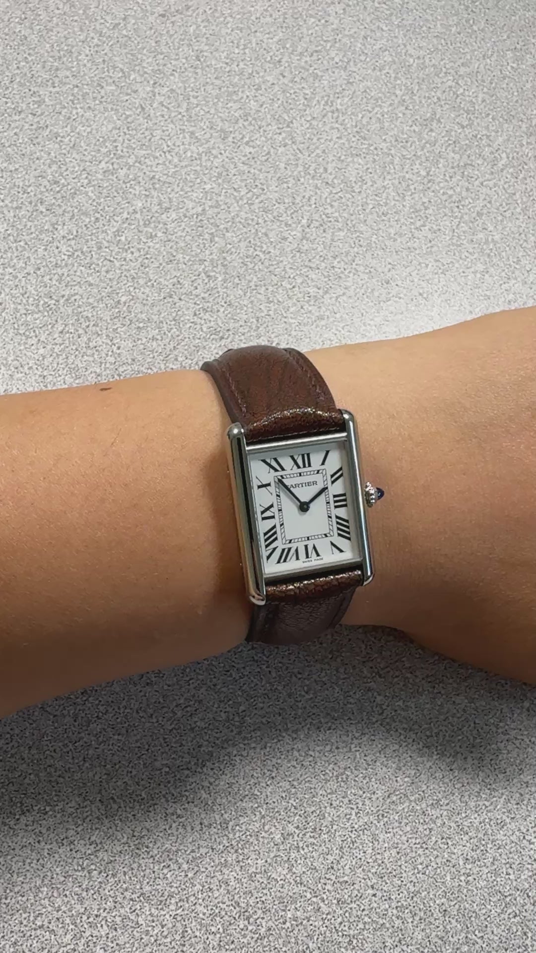 Patchouli brown Alran Patnat goat leather strap for Cartier Tank Must, on the wrist