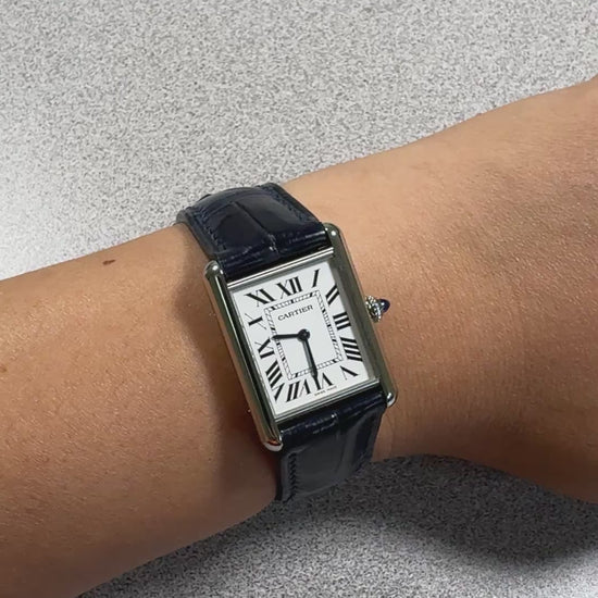 Dark blue crocodile leather strap for Cartier Tank Must, on the wrist