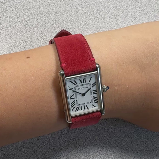 Red suede leather strap for Cartier Tank Must, on the wrist