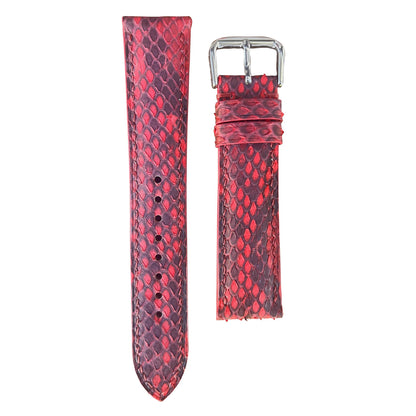 Red snake skin leather watch strap with silver buckle, flat lay.