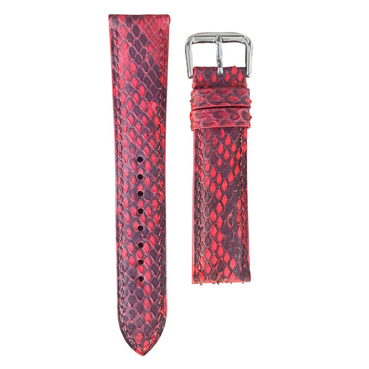 Red snake skin leather watch strap with silver buckle, flat lay.