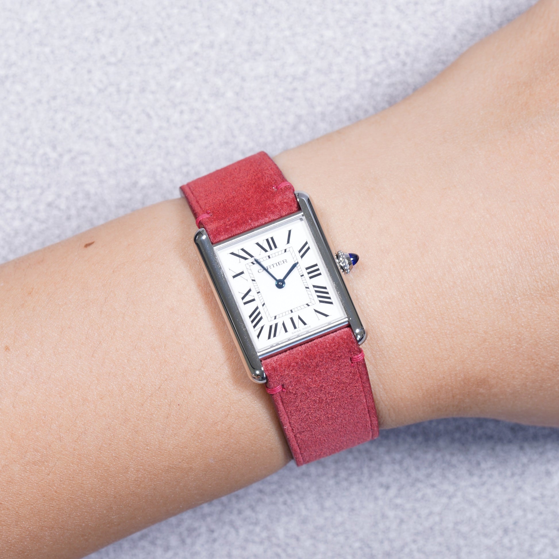 Cartier Tank Must with a red suede leather strap by VGreen