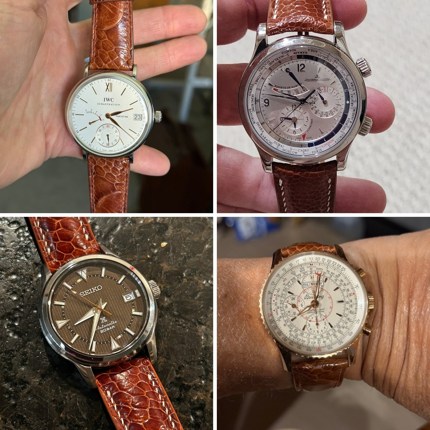 Four customer watches fitted with Rooibos Tea ostrich leg leather straps, showing the colour and fit across different cases.
