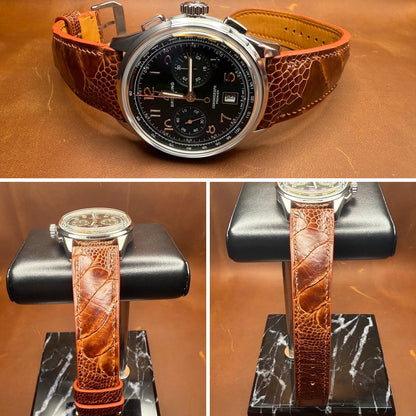 Three customer views of a Rooibos Tea ostrich leg leather watch strap fitted to a black-dial chronograph.