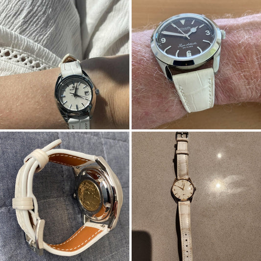 Customer watches with sand white crocodile leather straps, showing fitted front, reverse, lining, buckle and full-watch views.