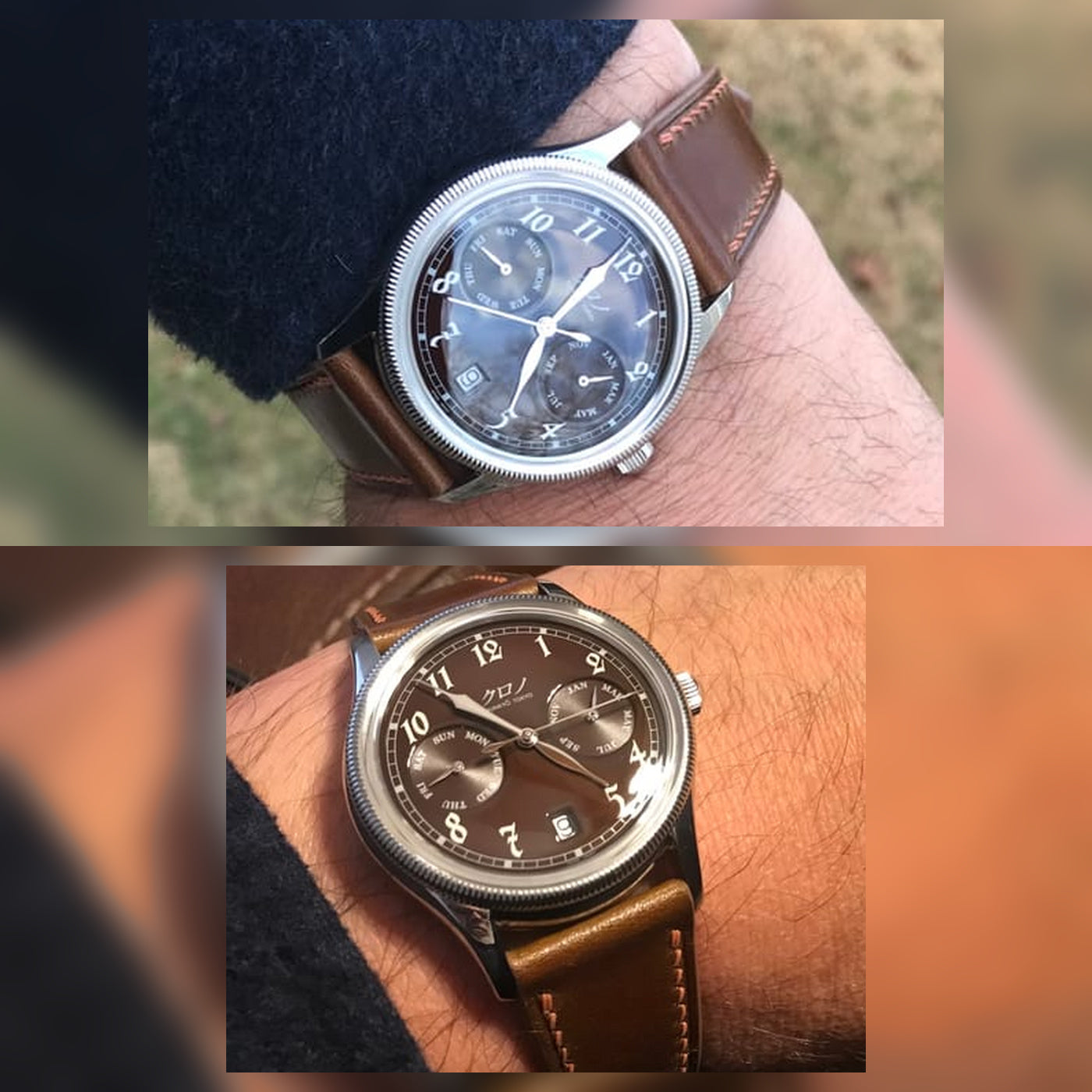 Cognac Shell Cordovan leather watch strap fitted to a Kurono Tokyo watch, shown in two stacked customer wrist photos.