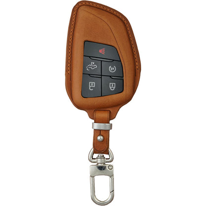 Brown vachetta leather key fob cover for Ford Silverado, with black buttons and silver carabiner.