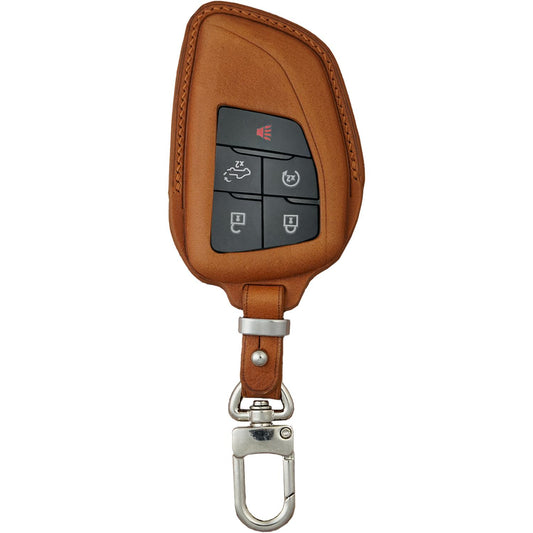 Brown vachetta leather key fob cover for Ford Silverado, with black buttons and silver carabiner.
