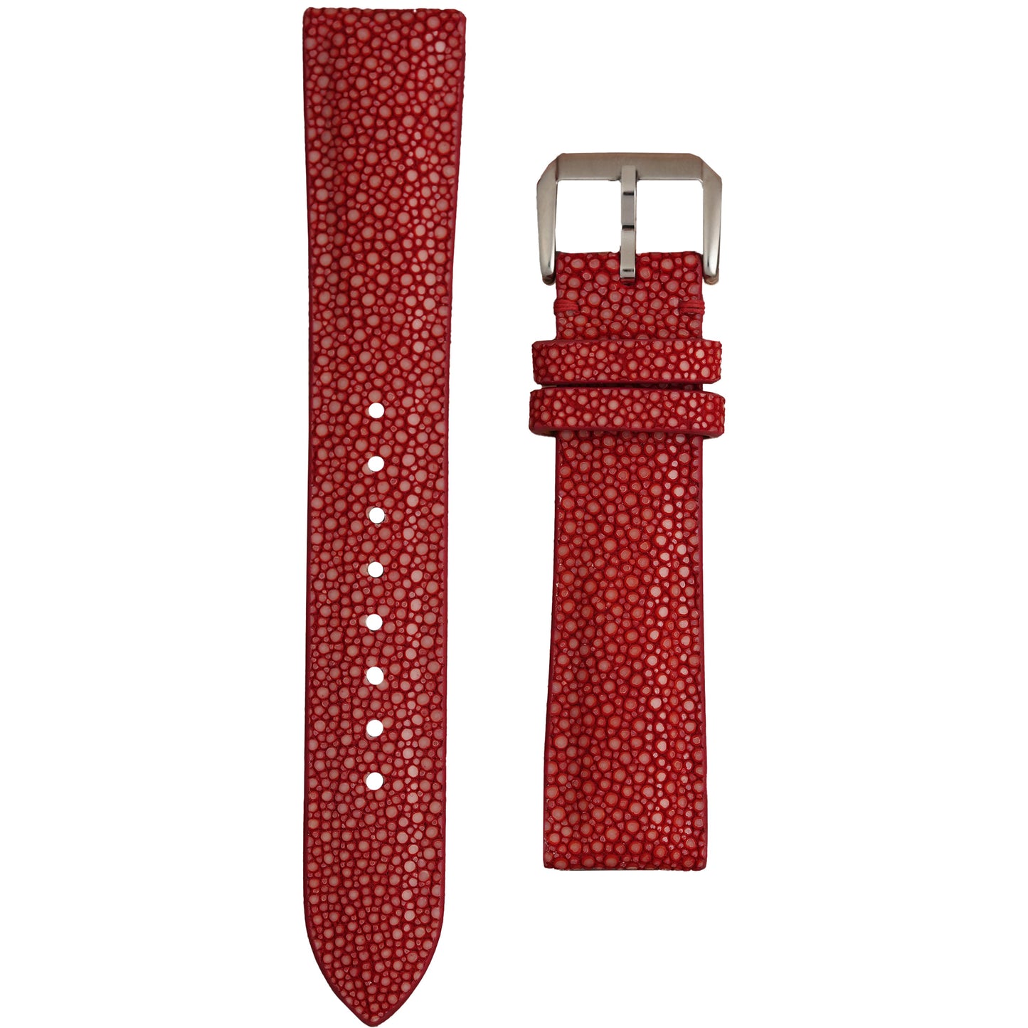 Crimson red stingray leather watch strap with white stitching and a silver buckle, flat lay.