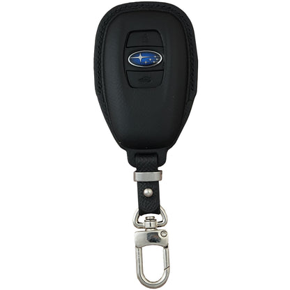 Black Epsom leather key fob cover for Subaru Forester, with silver hardware and a carabiner clip.