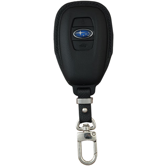 Black Epsom leather key fob cover for Subaru Forester, with silver hardware and a carabiner clip.
