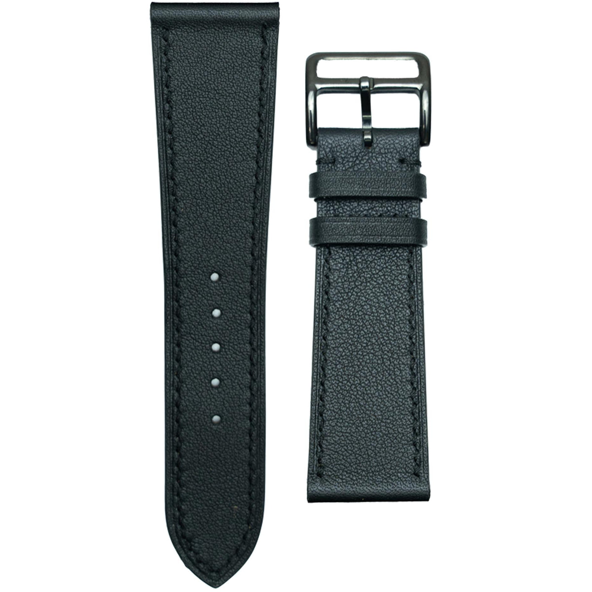 Black Swift leather watch strap with black stitching and a silver buckle, flat lay.
