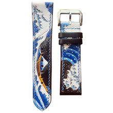 Load image into Gallery viewer, Engraved leather watch strap with "Great Wave" design, blue and white colors, black stitching, and silver buckle.
