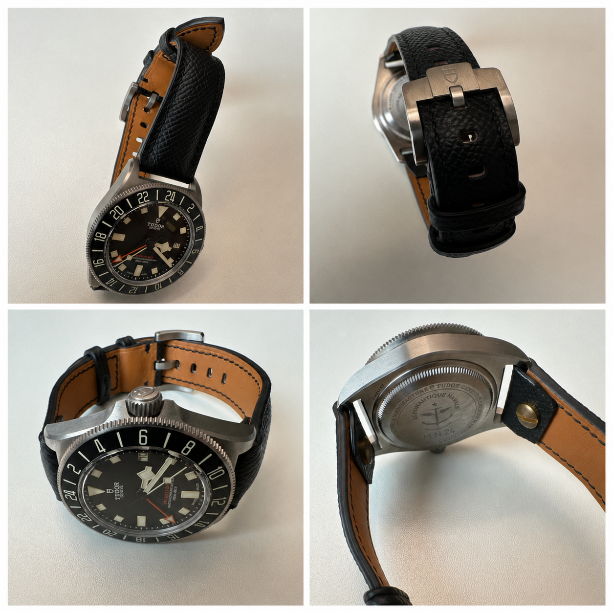 Four customer views of a Tudor Pelagos FXD GMT fitted with a custom black open-ended leather watch strap by VGreen