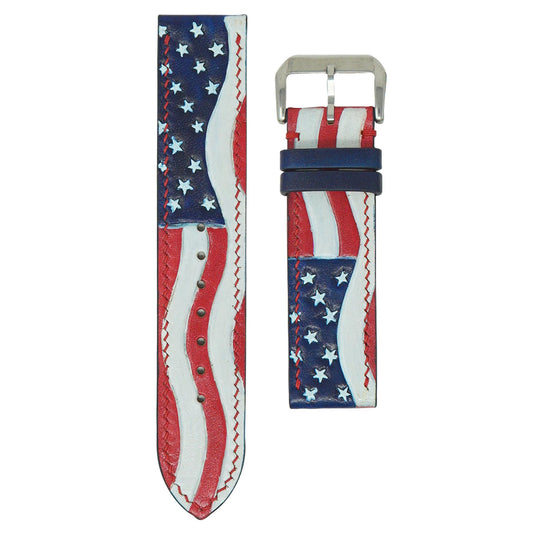 Engraved USA flag leather watch strap with red, white, and blue design, red stitching, and silver buckle.