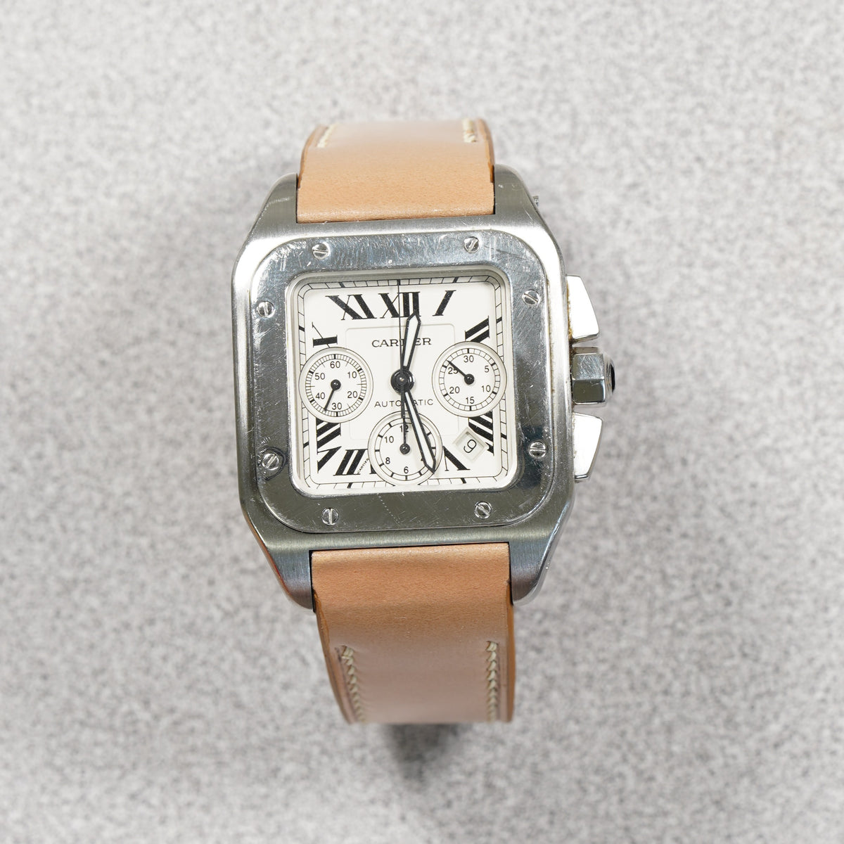 Cartier Santos 100 XL Chronograph with a natural shell cordovan strap by VGreen