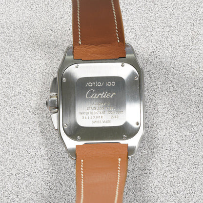 Caseback of a Cartier Santos 100 XL Chronograph with the VGreen strap ends fitted flush to the case