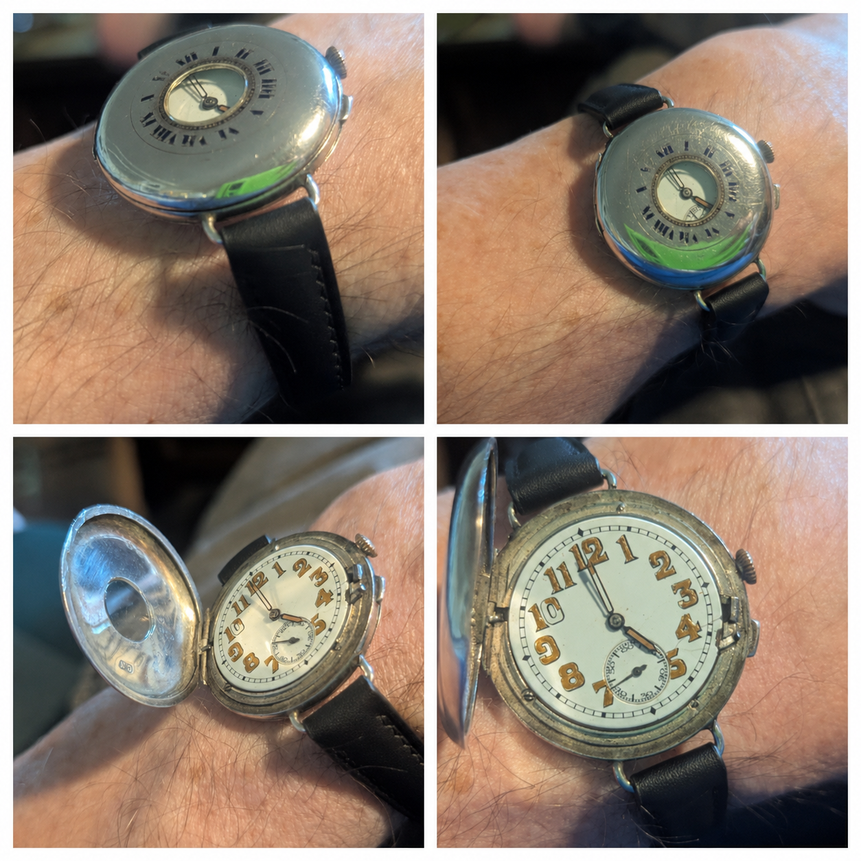 Four customer views of a 1916 Stauffer and Co. IWC half-hunter fitted with a custom black open-ended leather watch strap by VGreen