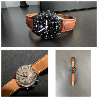 Whisky Maya leather watch strap shown with chronograph, Montblanc and Damasko watches, including close-up and full-length views.