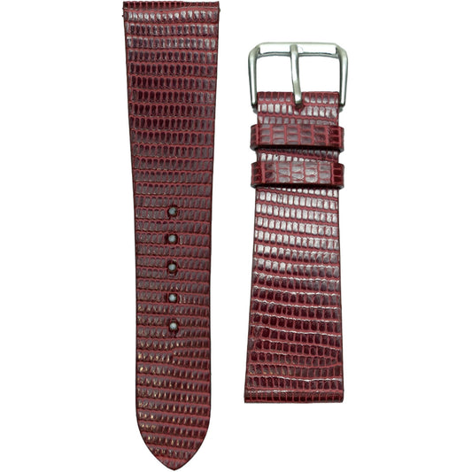 Red lizard leather watch strap with silver buckle, flat lay.
