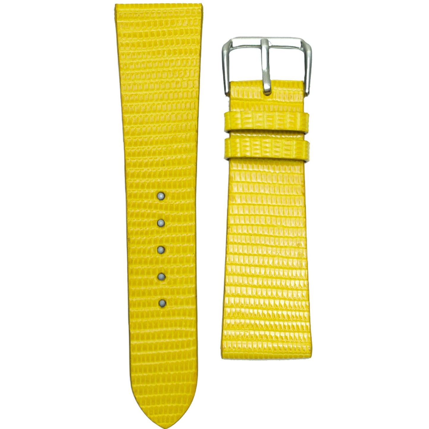Yellow lizard leather watch strap with silver buckle, flat lay.
