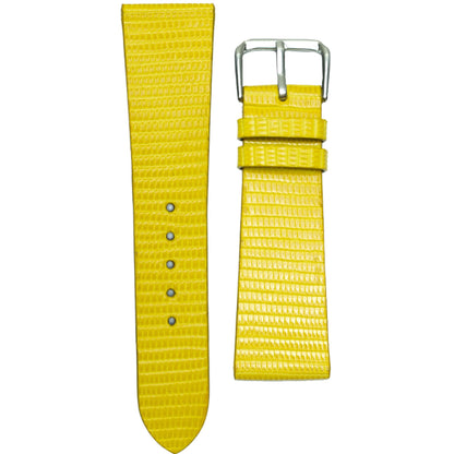 Yellow lizard leather watch strap with silver buckle, flat lay.